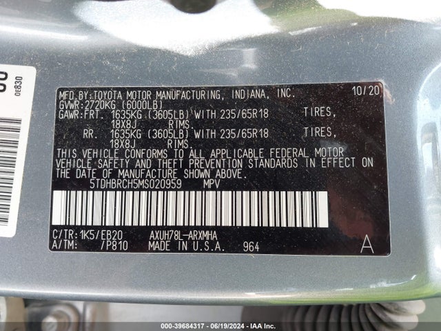 Toyota Highlander Hybrid Xle 2021 5TDHBRCH5MS020959 Image 9