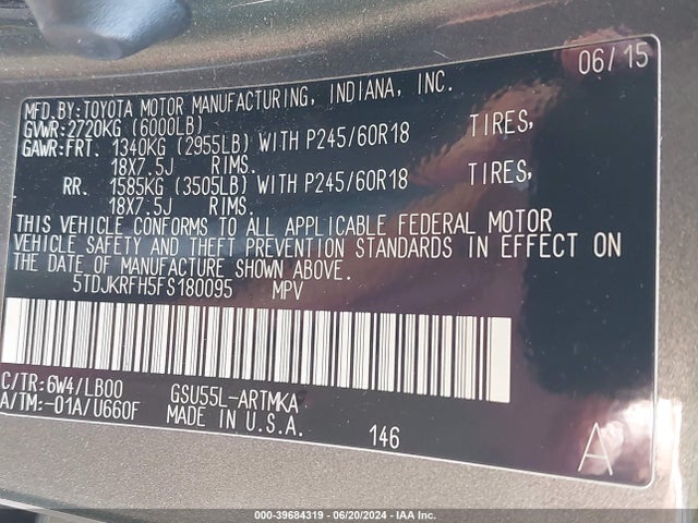 Toyota Highlander Xle V6 2015 5TDJKRFH5FS180095 Image 9