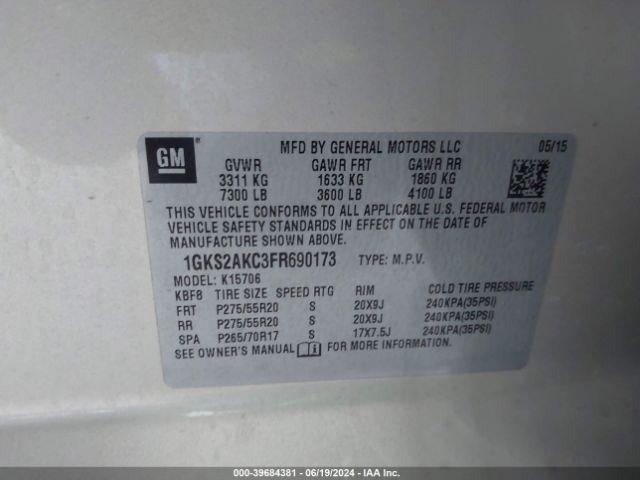 1GKS2AKC3FR690173 GMC YUKON SLE