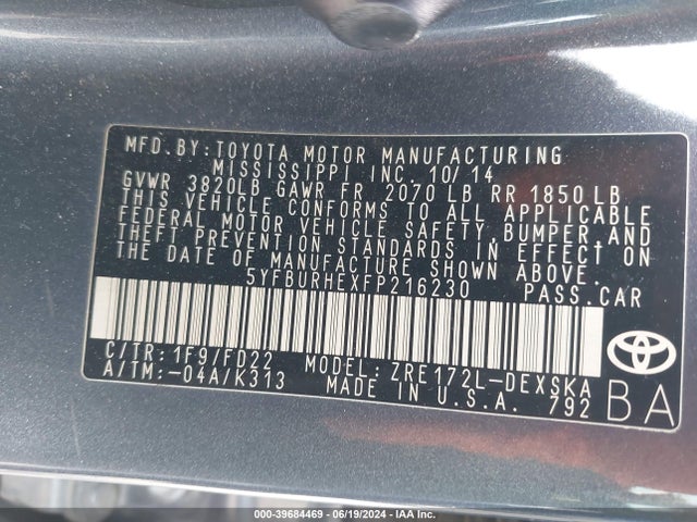 Toyota Corolla S Plus 2015 5YFBURHEXFP216230 Image 9