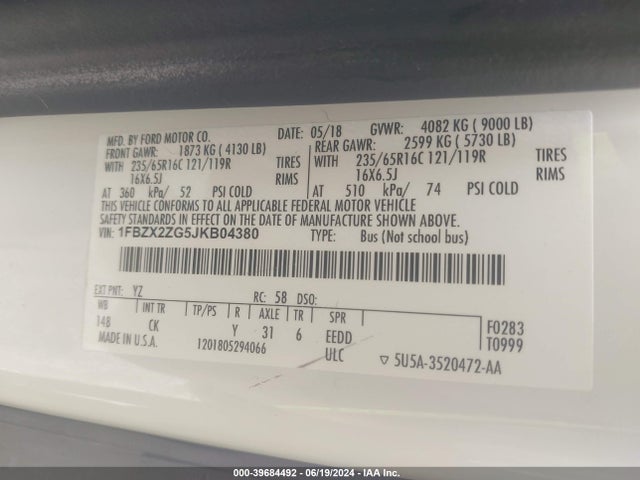 Ford Transit-350 Xlt 2018 1FBZX2ZG5JKB04380 Image 9