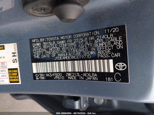 Toyota Corolla Hybrid Le 2021 JTDEAMDEXMJ019770 Image 9