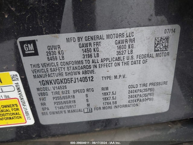 Chevrolet Traverse 1lt 2015 1GNKVGKD5FJ140512 Image 9