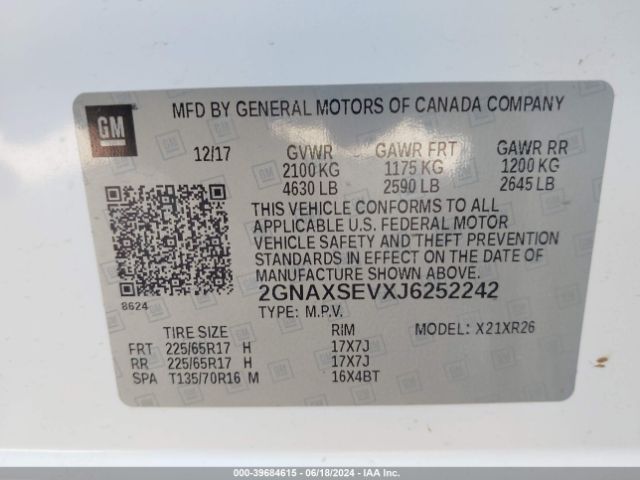 2GNAXSEVXJ6252242 Chevrolet EQUINOX LT