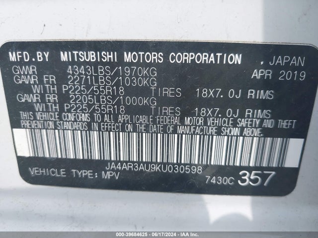 JA4AR3AU9KU030598 Mitsubishi Outlander Sport 2.0 Es