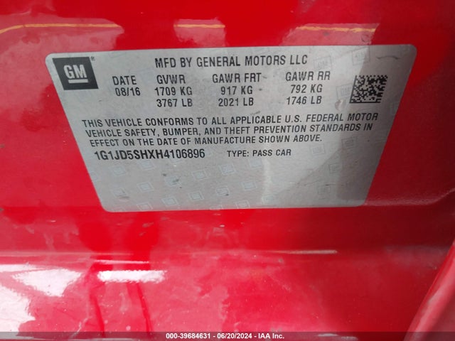 Chevrolet Sonic Lt Auto 2017 1G1JD5SHXH4106896 Image 9