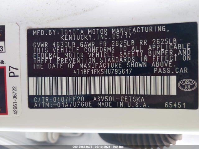 Toyota CAMRY SE 2017 4T1BF1FK5HU795617 Image 9