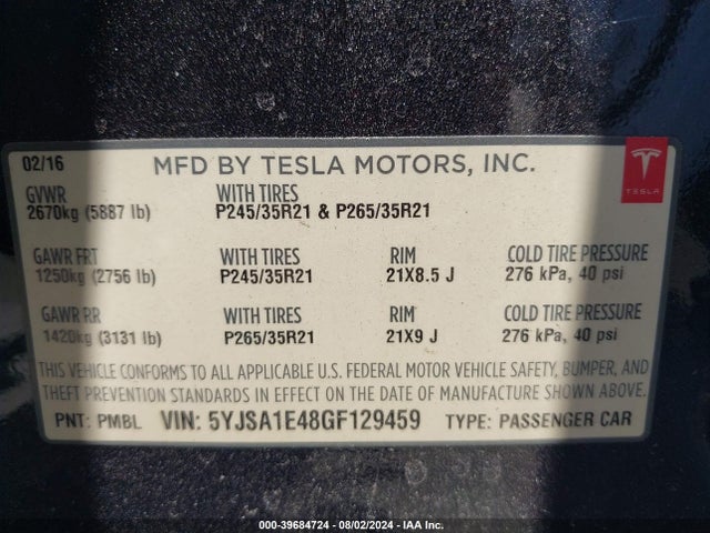Tesla Model S 90d/p100d/p85d/p90d 2016 5YJSA1E48GF129459 Image 9