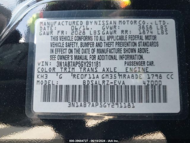 3N1AB7AP5GY291181 Nissan SENTRA SR
