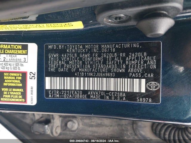 Toyota CAMRY SE 2018 4T1B11HK2JU649693 Image 9