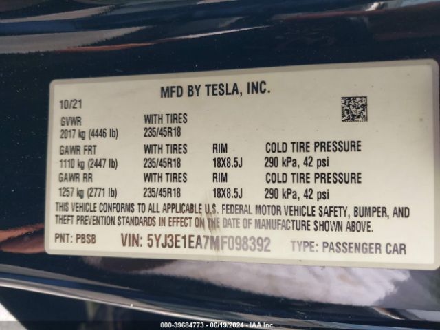 5YJ3E1EA7MF098392 Tesla Model 3 Standard Range Plus Rear-wheel Drive