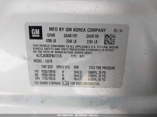 Chevrolet Trax 1ls 2015 KL7CJKSB3FB073135 Image 9