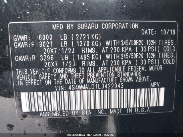 4S4WMALD1L3422943 Subaru Ascent Limited