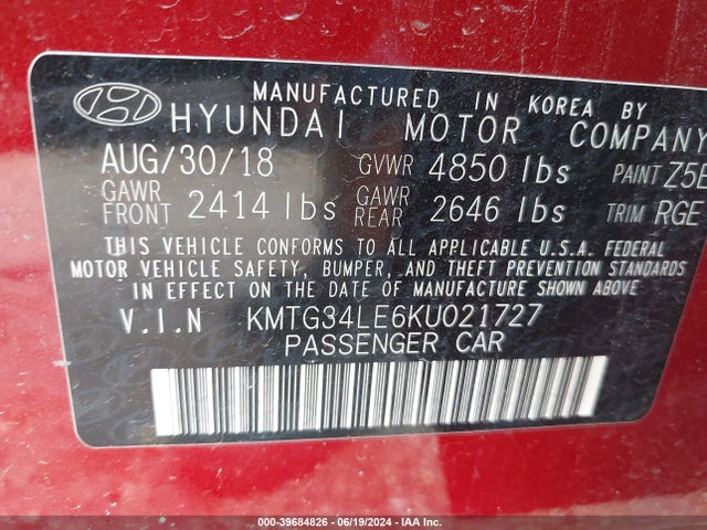 39684826 :رقم المزاد ، KMTG34LE6KU021727 vin ، 2019 Genesis G70 3.3t Dynamic مزاد بيع