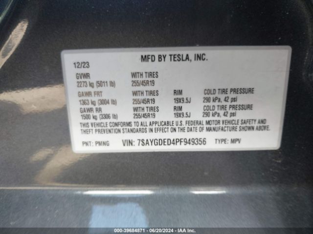 7SAYGDED4PF949356 Tesla Model Y Rwd