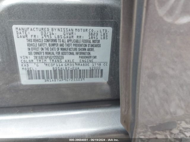 3N1AB7AP9GY255039 Nissan Sentra Fe+ S/s/sl/sr/sv