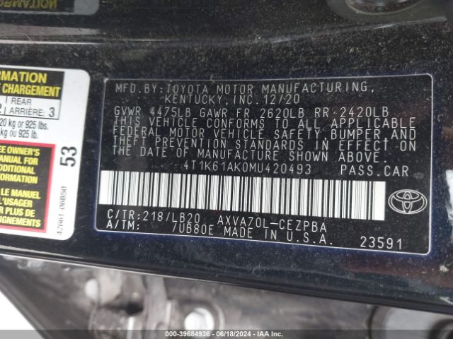 4T1K61AK0MU420493 Toyota CAMRY XSE