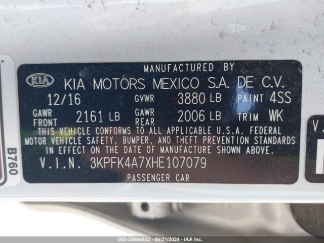 3KPFK4A7XHE107079 KIA FORTE LX