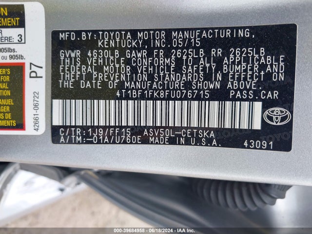 Toyota CAMRY SE 2015 4T1BF1FK8FU076715 Image 9