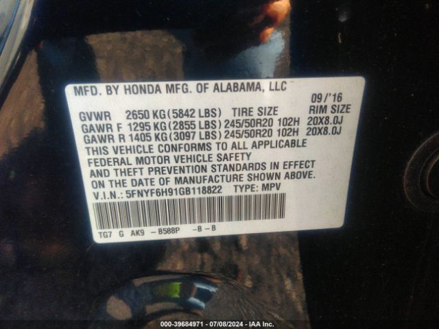 5FNYF6H91GB118822 Honda Pilot Touring