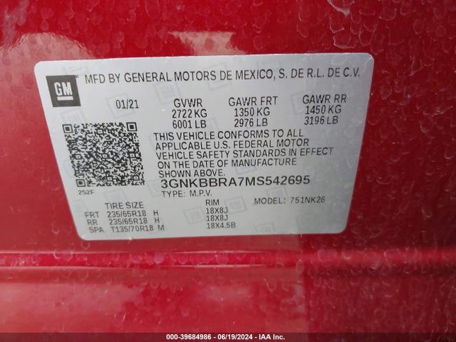 3GNKBBRA7MS542695 Chevrolet Blazer Fwd 1lt