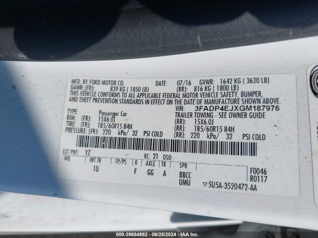 Ford FIESTA SE 2016 3FADP4EJXGM187976 Image 9