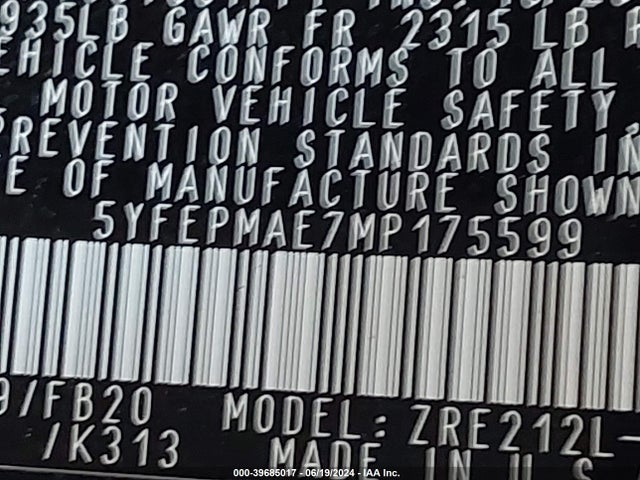 Toyota COROLLA LE 2021 5YFEPMAE7MP175599 Image 9