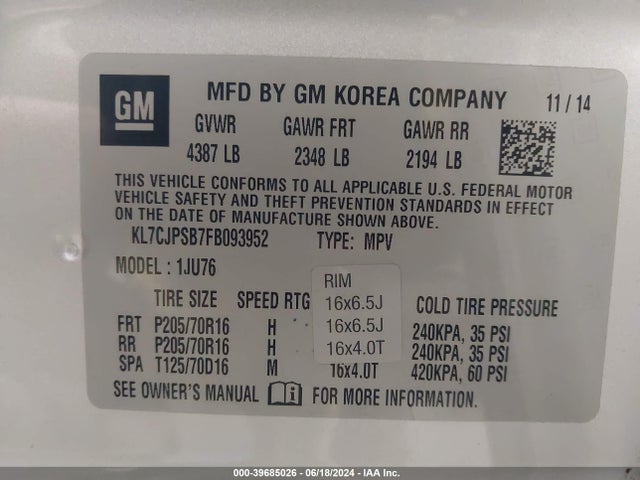 Chevrolet Trax 1ls 2015 KL7CJPSB7FB093952 Image 9