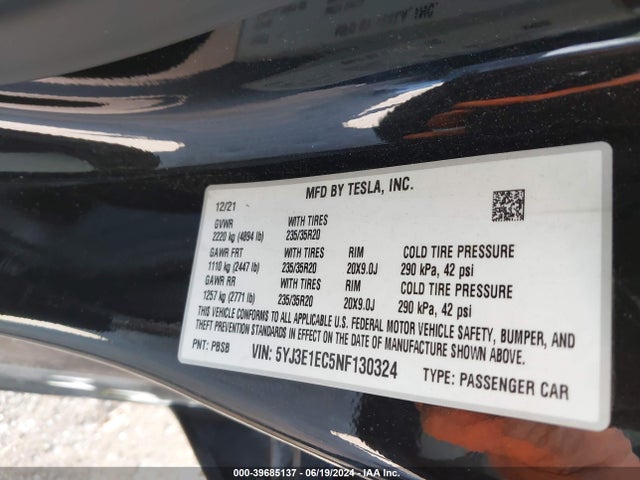 5YJ3E1EC5NF130324 Tesla Model 3 Performance Dual Motor All-wheel Drive