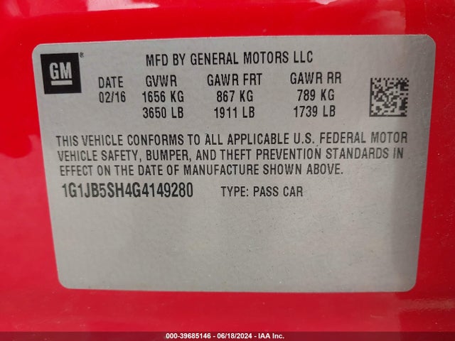 Chevrolet Sonic Ls Manual 2016 1G1JB5SH4G4149280 Image 9