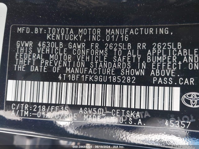 Toyota CAMRY SE 2016 4T1BF1FK9GU185282 Image 9