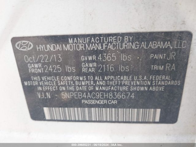5NPEB4AC9EH836674 Hyundai SONATA GLS