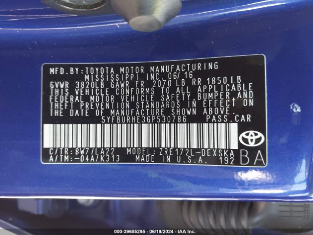 5YFBURHE3GP530786 Toyota Corolla S Premium