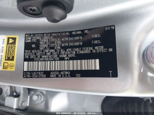 5TDZARFH5KS047109 Toyota Highlander Le