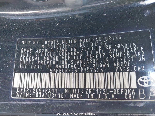 Toyota COROLLA L 2015 5YFBURHE6FP257535 Image 9