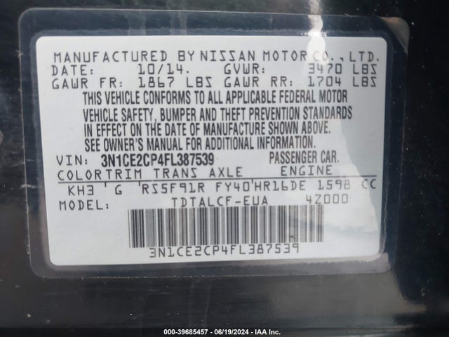 Nissan Versa Note S (sr) 2015 3N1CE2CP4FL387539 Image 9