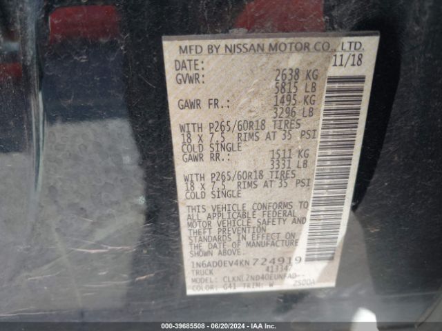 1N6AD0EV4KN724919 Nissan Frontier Sv