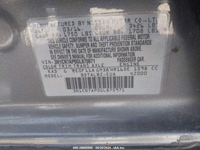 3N1CN7AP0GL875971 Nissan Versa 1.6 S/1.6 S+/1.6 Sl/1.6 Sv