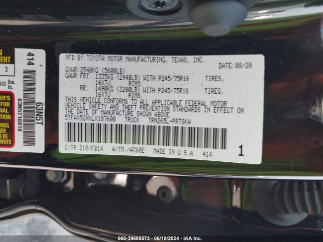 5TFAX5GNXLX187600 Toyota Tacoma Sr