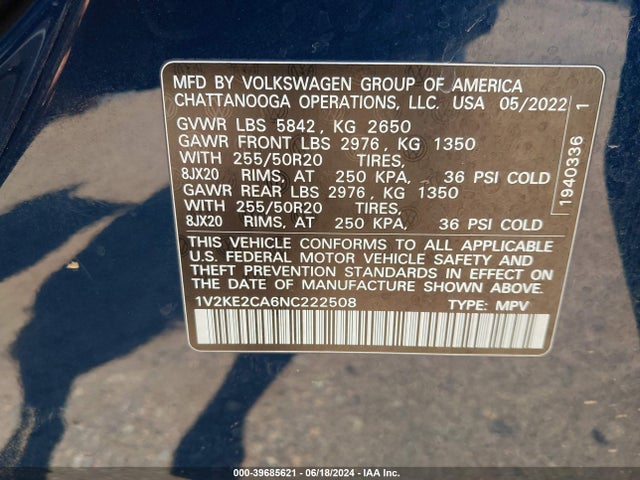1V2KE2CA6NC222508 Volkswagen Atlas Cross Sport 3.6l V6 Se W/technology