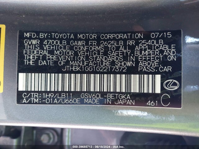Lexus ES 350 2016 JTHBK1GG1G2217372 Image 9