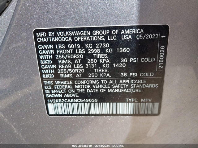 1V2KR2CA6NC549639 Volkswagen Atlas 3.6l V6 Se W/technology