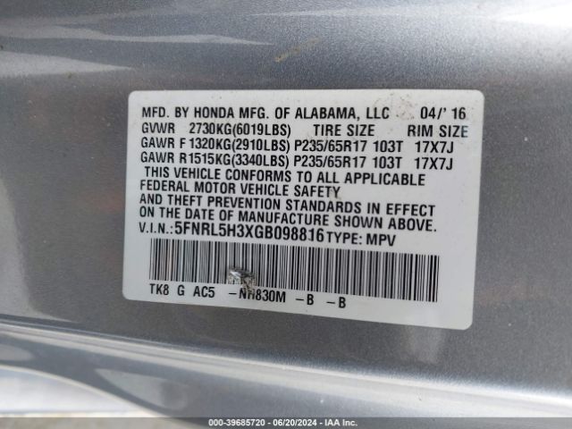 5FNRL5H3XGB098816 Honda ODYSSEY SE