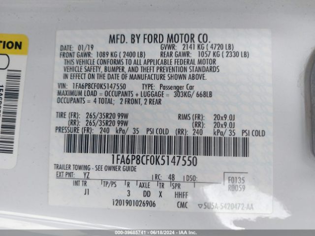 1FA6P8CF0K5147550 Ford Mustang Gt Premium