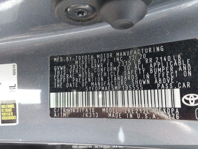 Toyota COROLLA L 2021 5YFDPMAE5MP195555 Image 9
