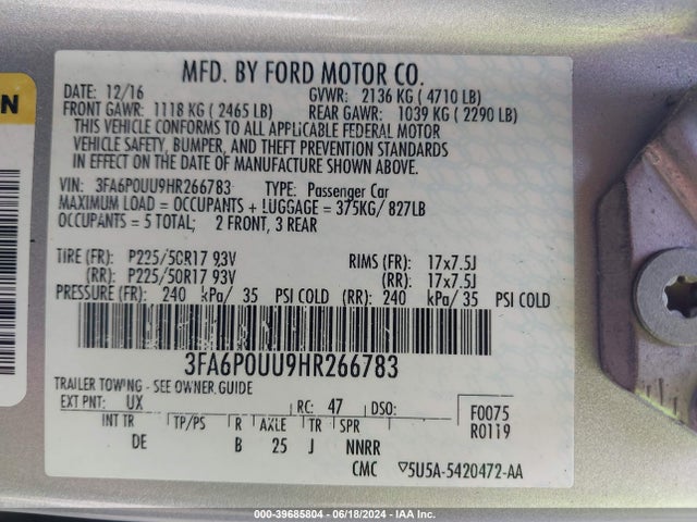 Ford Fusion Hybrid S 2017 3FA6P0UU9HR266783 Image 9