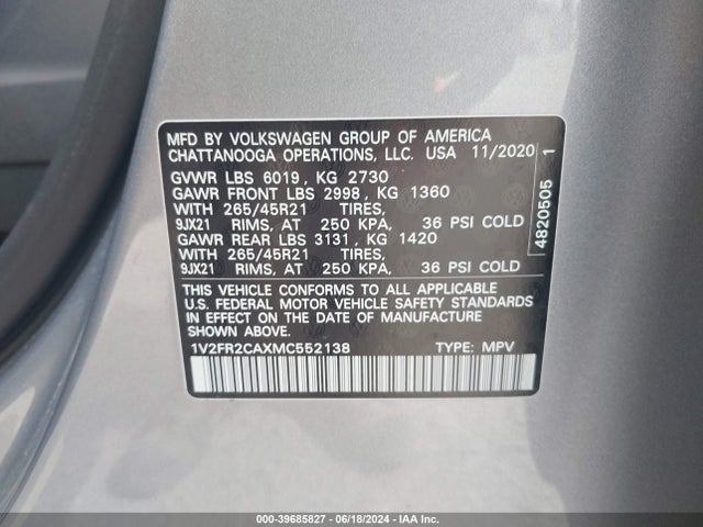 1V2FR2CAXMC552138 Volkswagen Atlas 3.6l V6 Sel Premium R-line