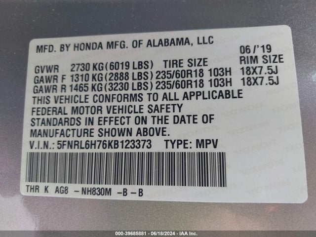 Honda Odyssey Ex-l 2019 5FNRL6H76KB123373 Image 9