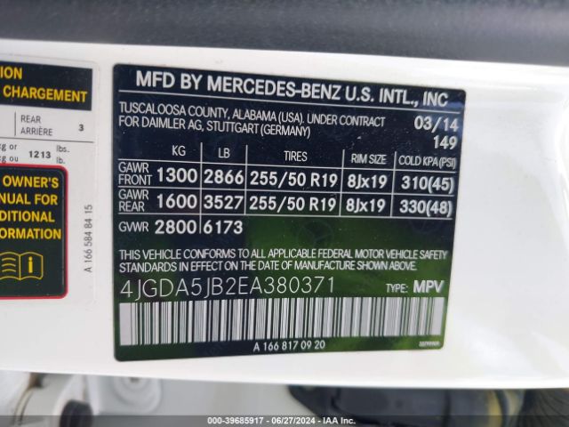 4JGDA5JB2EA380371 Mercedes-Benz ML 350