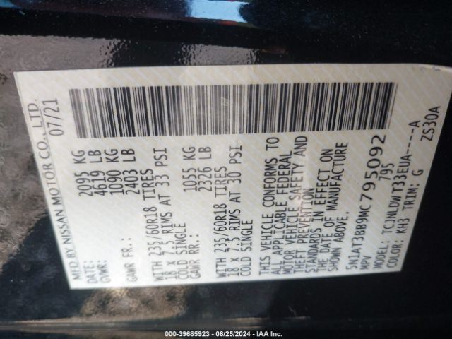 5N1AT3BB9MC795092 Nissan Rogue Sv Intelligent Awd